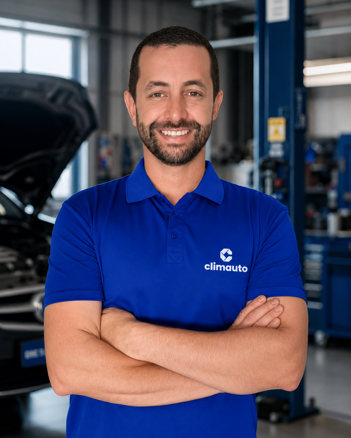 Emerson Bertolo, técnico responsável da Climauto, com equipamento de diagnóstico automotivo